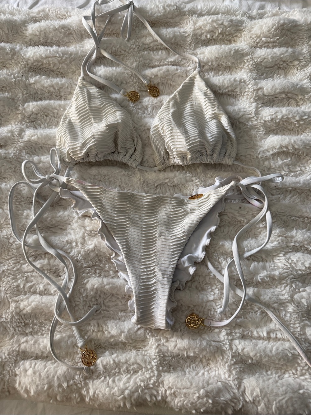 Lulifama ivory Textured Tie-Side Bikini Set - Women's Swim